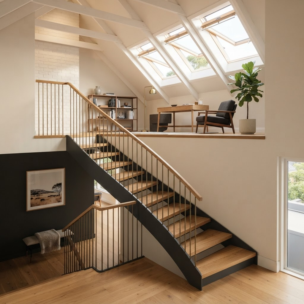 Elegant timber and steel staircase leading up into a bright finished attic room in a premium Sydney home
