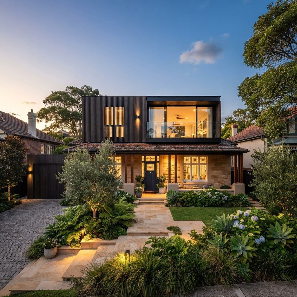 A two-storey Sydney home expanded upwards at golden hour, illustrating the choice between an attic conversion and a second storey extension
